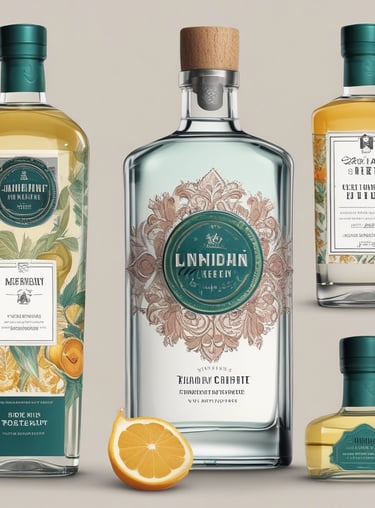 A close-up photo of a sleek gin bottle with a botanical label, surrounded by fresh herbs and citrus slices.