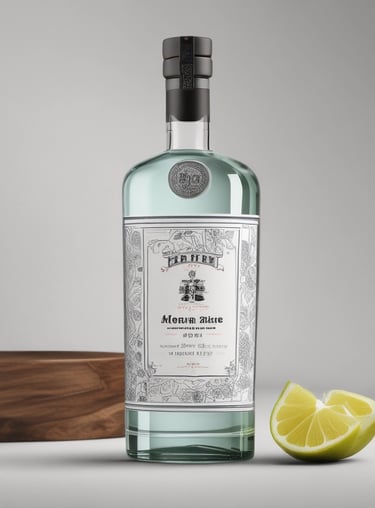 A close-up photo of a sleek gin bottle with a botanical label, surrounded by fresh herbs and citrus slices.