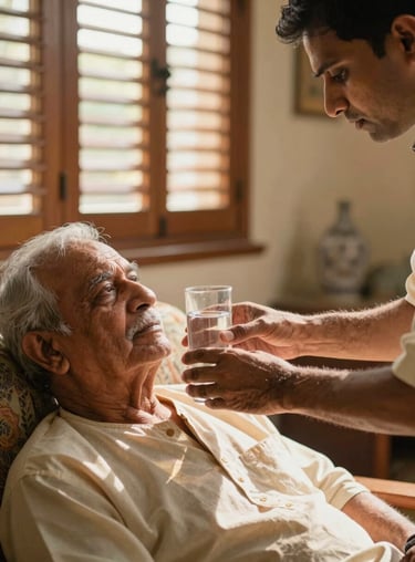 Close-up editorial frame — an Indian male caretaker's hands gently steadying a glass of water for a resting elderly male patient in a sunlit home living room, warm afternoon light streaming through wooden shutters, rich amber and cream tones, blurred home interior background, no text