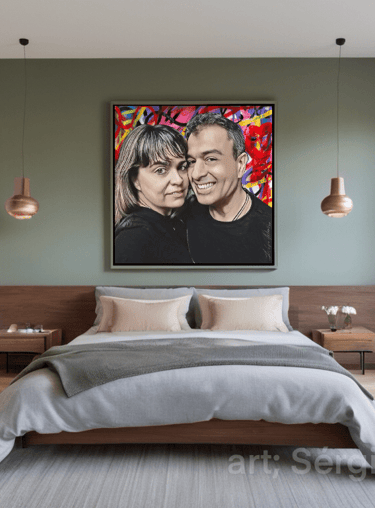 Elegância e modernidade se encontram neste quarto de casal com um quadro pop-art vibrante.