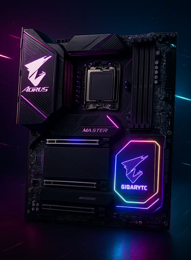 Gigabyte B650E Aorus Master motherboard with black PCB, RGB-lit AORUS logo