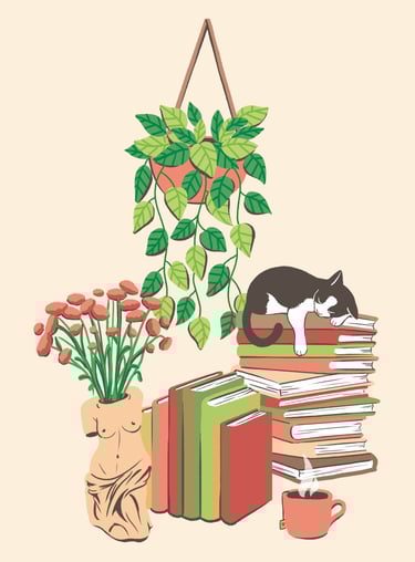 a cat sleeping on a pile of books, a hanging plant, a tea, a vase with the shape of a greek bust