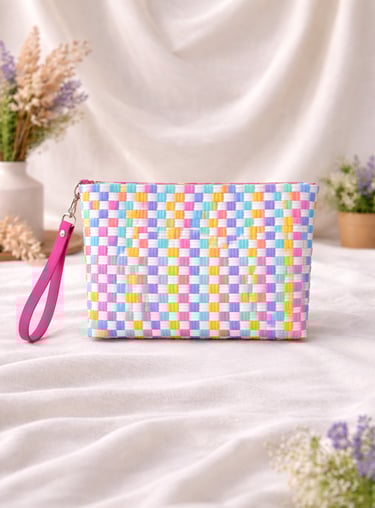 Tas anyaman plastik handmade warna pastel cerah model clutch wanita unik dan estetik