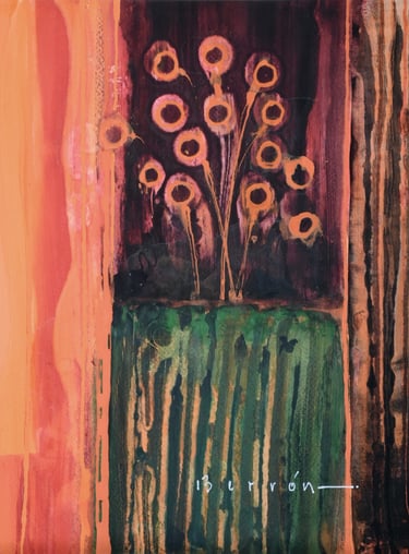 Abstract oil painting of orange flowers on a dark purple background with textured green and orange panels.