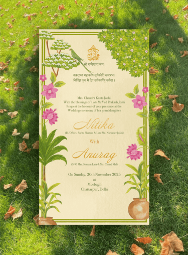 a wedding invitation card with a floral design
