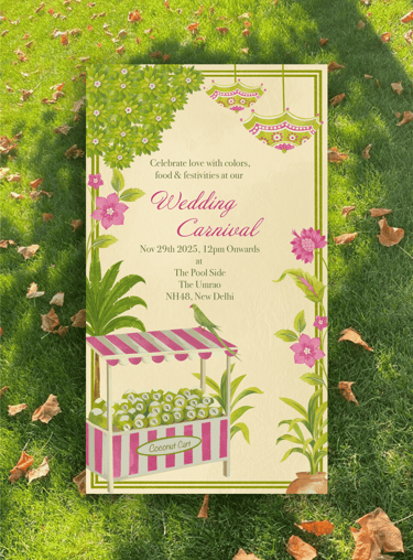 a wedding invitation card with a flower garden