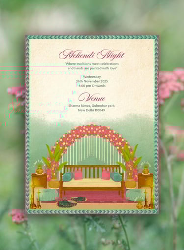 a wedding invitation card with a bench and flowers