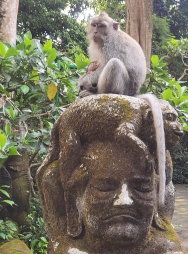 A long-tailed macaque sits atop a mossy stone monkey statue in the Ubud Sacred Monkey Forest Sanctuary.