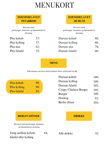 Menukort første side – fastfood-menu med pita, dürüm, menuer, Berlin döner og drikkevarer.