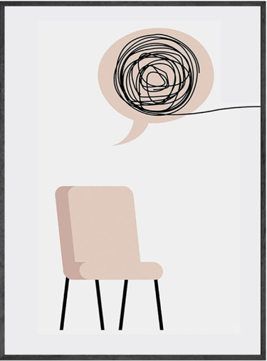 une chaise vide avec une bulle représentant un esprit en proie a la confusion