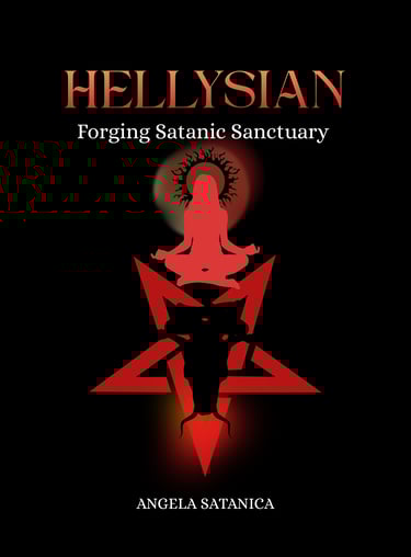 Hellysian Forging Satanic Sanctuary book cover featuring a red pentagram and a meditating silhouette.