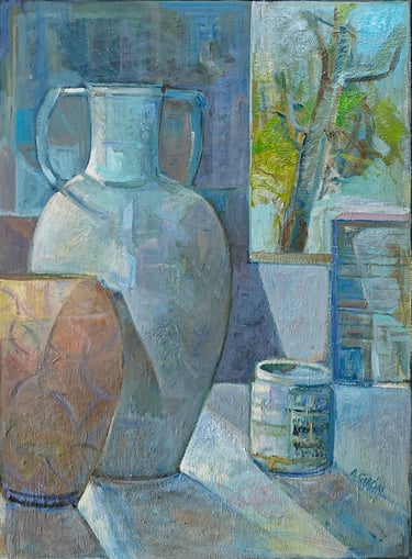 Vasijas, óleo sobre lienzo del artista pintor Argi Girón. Vessels oil still life artist painter