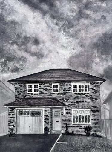 Watercolour of a modern house with a cloudy sky