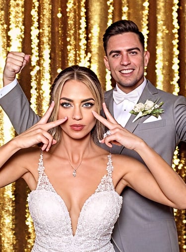 ein Hochzeitspaar aus Pforzheim steht vor der Fotobox vor einem gold glänzendem Hintergrund