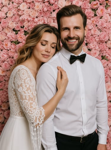 Ein Hochzeitspaar steht vor einer digitalen Blumenwand, aufgenommen von der Fotobox in Pforzheim