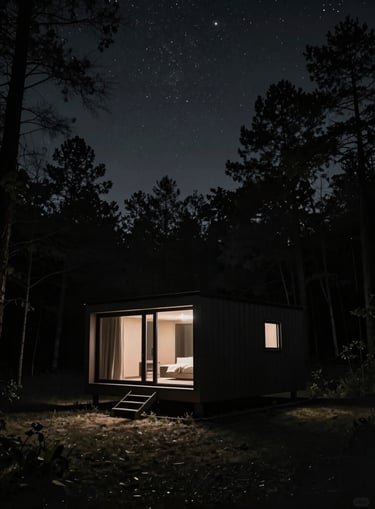 Modern architectural cabin secluded in a dark forest under a starry night sky, low-key atmospheric lighting