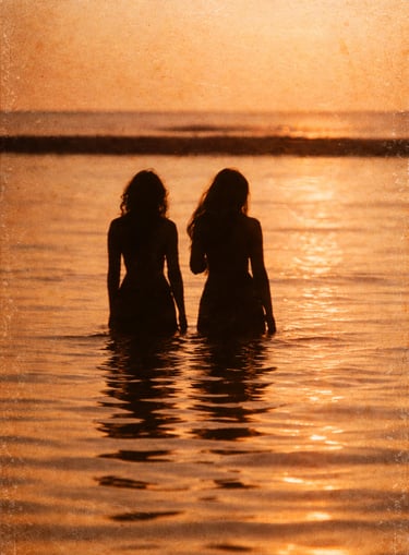 Nancy Jo and her best friend standing in the ocean at sunset in Kauai
