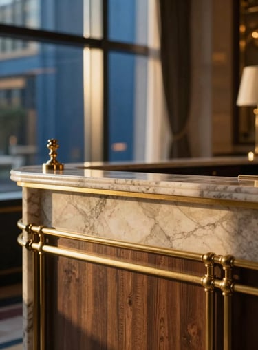 A close-up of a luxury hotel concierge desk, warm golden-hour light filtering through high windows, elegant marble and brass details, editorial lifestyle photography, 35mm