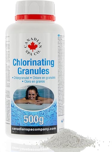 Canadian Spa Co. Chlorinating Granules 500g bottle for hot tub and pool water sanitation.