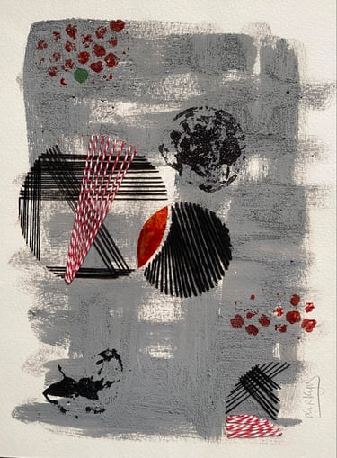Œuvre d'art grise rouge noire et verte  sur papier 