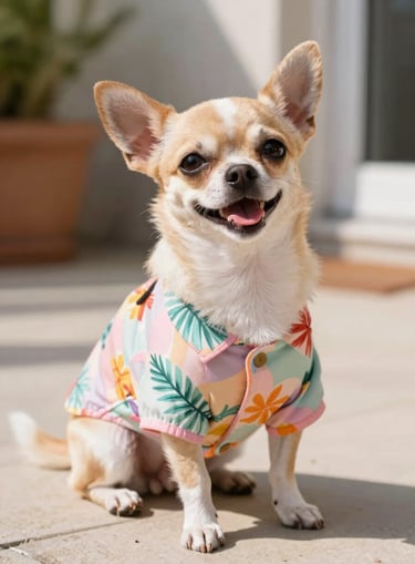 A happy tan and white Chihuahua wearing a colorful floral print dog shirt sitting outdoors.