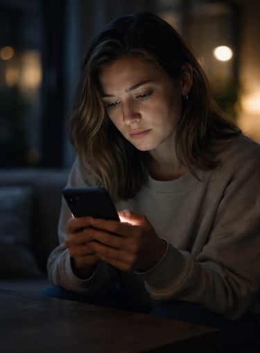 A young woman using a smartphone in a dark room with the screen light illuminating her face.