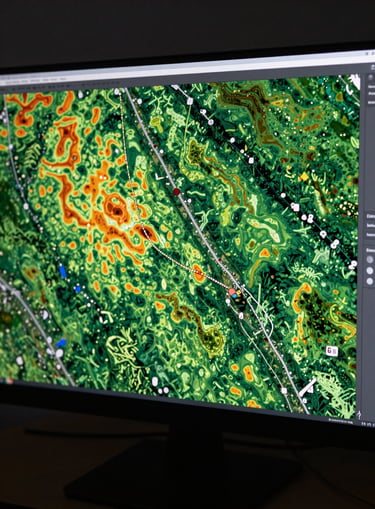 Extreme close-up overhead of a monitor screen displaying a false-color vegetation coverage map from satellite imagery, pixel grid visible, cool studio lighting, dark workstation surface surrounding the monitor, no people visible