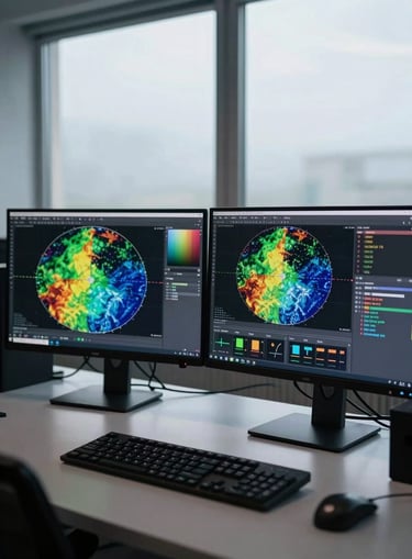 Wide workstation environment shot, two large monitors displaying satellite image analysis software with spectral band overlays and algorithm output panels, cool indoor daylight through frosted windows, keyboards in foreground slightly out of focus, no people visible