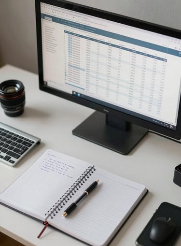 Overhead shot of an organized desk with a monitor showing a structured spreadsheet of real estate deal statuses, a notebook with handwritten follow-up columns, and a clean keyboard, neutral daylight from the left side