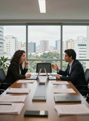 Wide environmental shot of a mid-sized corporate meeting room in São Paulo, documents spread across a long table, two professionals in conversation mid-gesture, natural daylight from floor-to-ceiling windows, no posed smiles, overhead perspective showing the working surface