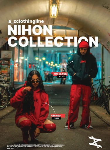 Models wearing red and black Oni streetwear hoodies from Nihon Collection in an urban tunnel.