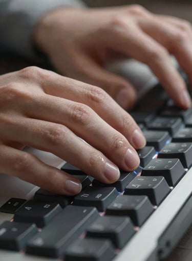 Close-up of hands resting on a mechanical keyboard, screen glow reflecting off fingertips, a tool interface visible in soft focus behind — clean studio key light, cropped tight to show the action
