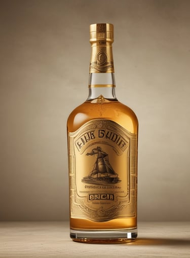 A bottle of golden spiced rum with cinnamon sticks and vanilla pods beside it