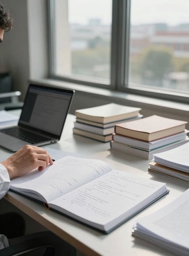 Wide shot from the left side of a researcher's desk near a tall window, natural north-facing daylight falling across open notebooks filled with handwritten annotations, a laptop screen partially visible, stacked reference books and loose papers at the edge of frame — no person visible, only the evidence of active thinking in progress