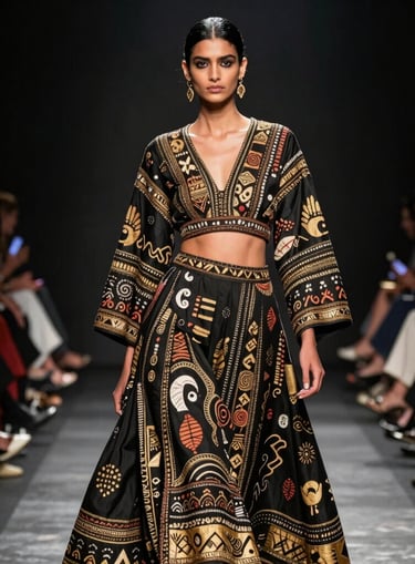 A glamorous crowd of celebrity guests and fashion insiders mingling under elegant chandeliers.