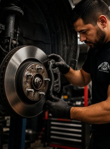 Professional brake repair service at Fast Tire Shop featuring brake pad replacement, rotor service,