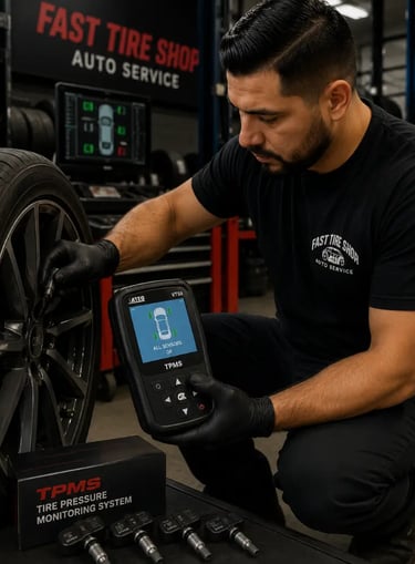 Professional TPMS service image for Fast Tire Shop East LA Olympic location featuring tire pressure
