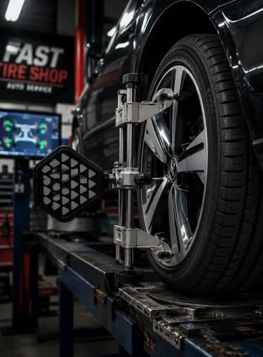 Professional wheel alignment service at Fast Tire Shop featuring precision alignment equipment, tire