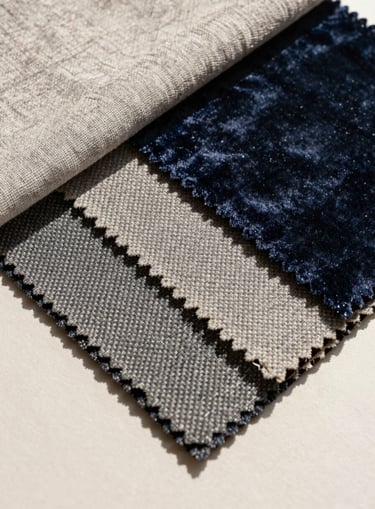 Extreme close-up flat-lay of layered fabric swatches — heavy linen, woven jacquard, and velvet samples overlapping on an ivory surface under soft north-facing daylight, weave and pile texture clearly visible, no human subjects