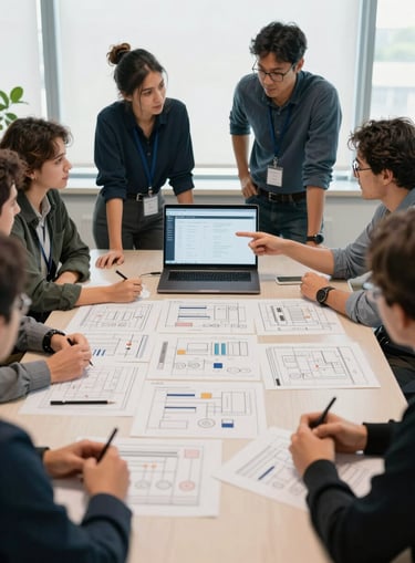 Wide shot of a team gathered around a conference table covered in printed workflow diagrams and a laptop displaying a recruitment metrics dashboard, natural north-facing office light, two people mid-discussion pointing at the screen, documentary framing