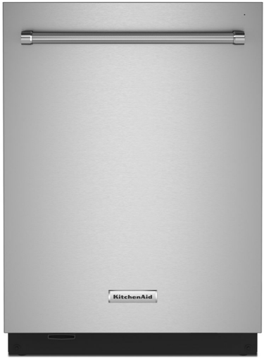 A stainless steel kitchenaid dishwasher with a bar handle, centered logo, and a black kickplate at the bottom.