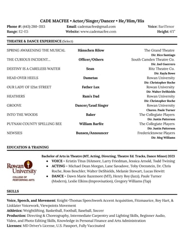 Cade MacFee Performance Resume