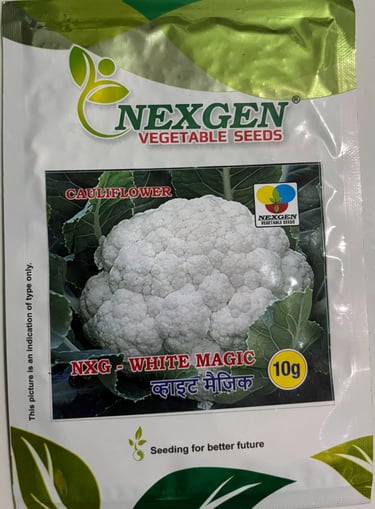 Nexgen White Magic cauliflower seeds packet featuring a fresh white cauliflower head.