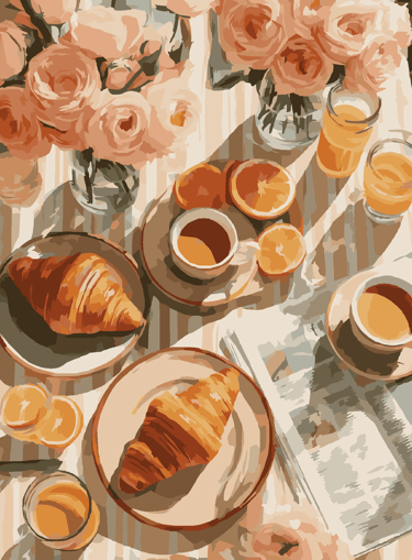 A French breakfast spread featuring croissants, orange juice, and pink roses on a striped tablecloth.