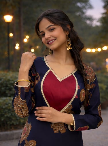 Smiling woman wearing an embroidered blue and red ethnic Indian dress with gold jewelry.