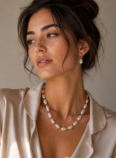 Elegant woman wearing a luxury baroque pearl necklace and matching drop earrings with a silk blouse.