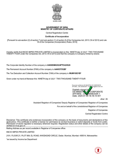 COMPANY INCORPORATION INICIO IMPEX