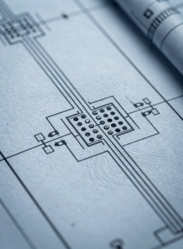 Macro shot of a highly detailed electrical blueprint schematic, cool blue and slate tones, technical CAD line art, sharp focus on engineering details