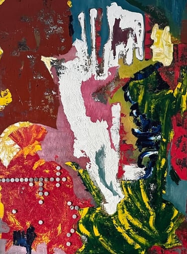 Vibrant abstract mixed media painting with heavy impasto textures in red, white, green oil paint.