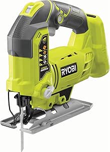 Ryobi cordless orbital jig saw with neon green housing and ergonomic grip for woodworking projects.